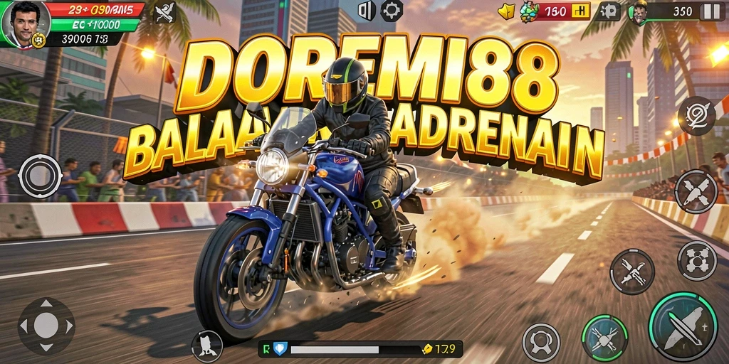 Tampilan gameplay mendebarkan dari DOREMI88 saat balapan motor.