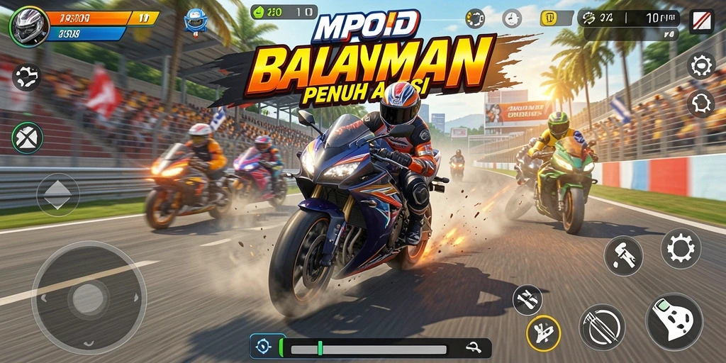 Screenshot utama MPOID menampilkan aksi balapan motor yang mendebarkan.