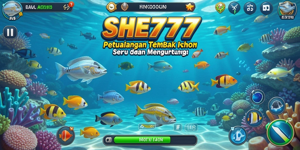 Tampilan gameplay dinamis dalam SHE777 dengan aksi menembak ikan yang seru.